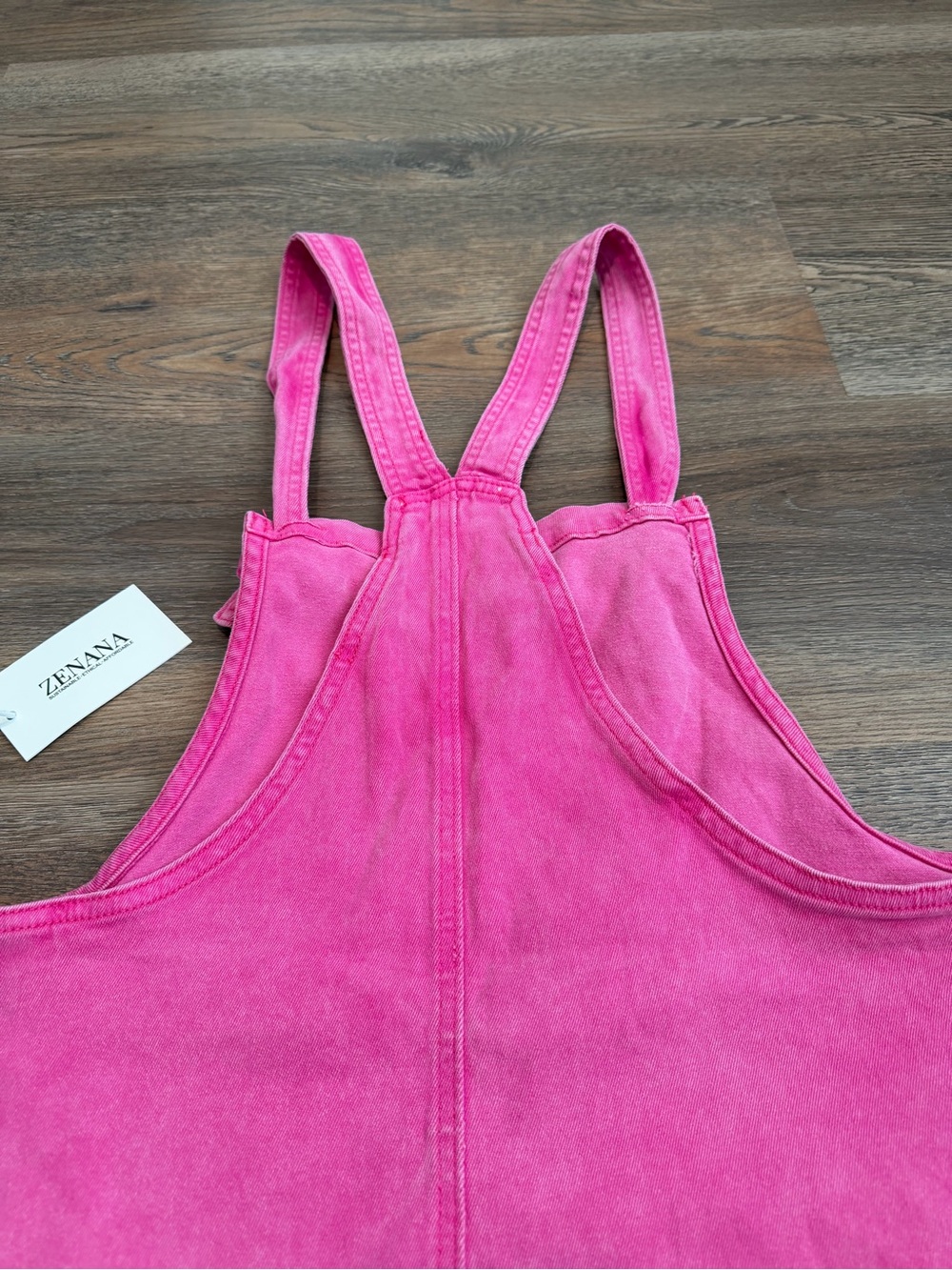 NWT Zenana Hot Pink Denim Overall Shorts Mineral Wash Knotted Straps Size Large - Picture 7 of 10